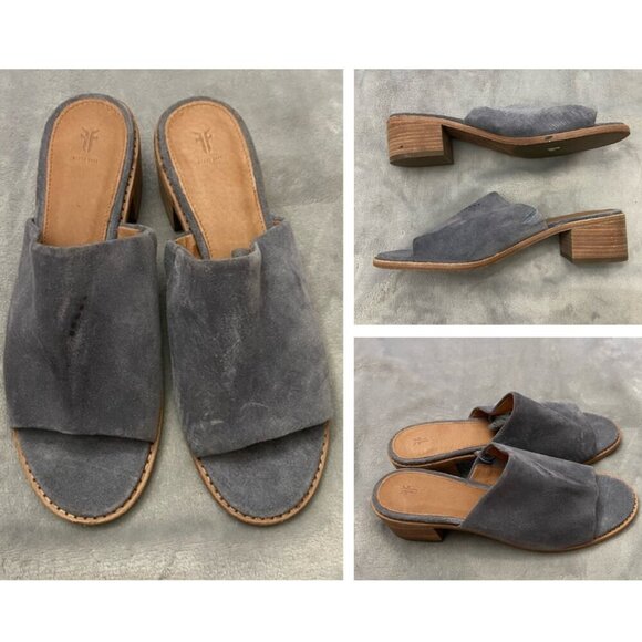 Frye Gray Suede Women's Open Toe Mule Heeled Slide Sandals Size 8.5M - Picture 1 of 8